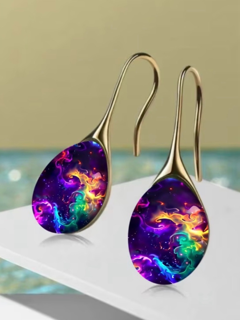 Gold Drop Earrings with Multicolor Nebula Resin Inlay